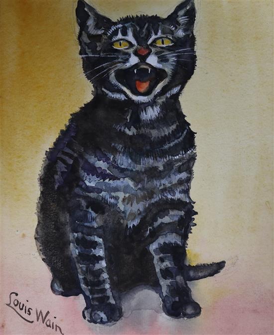 After Louis Wain (1860-1939), watercolour, Tabby cat, bears signature, 18 x 15cm, unframed